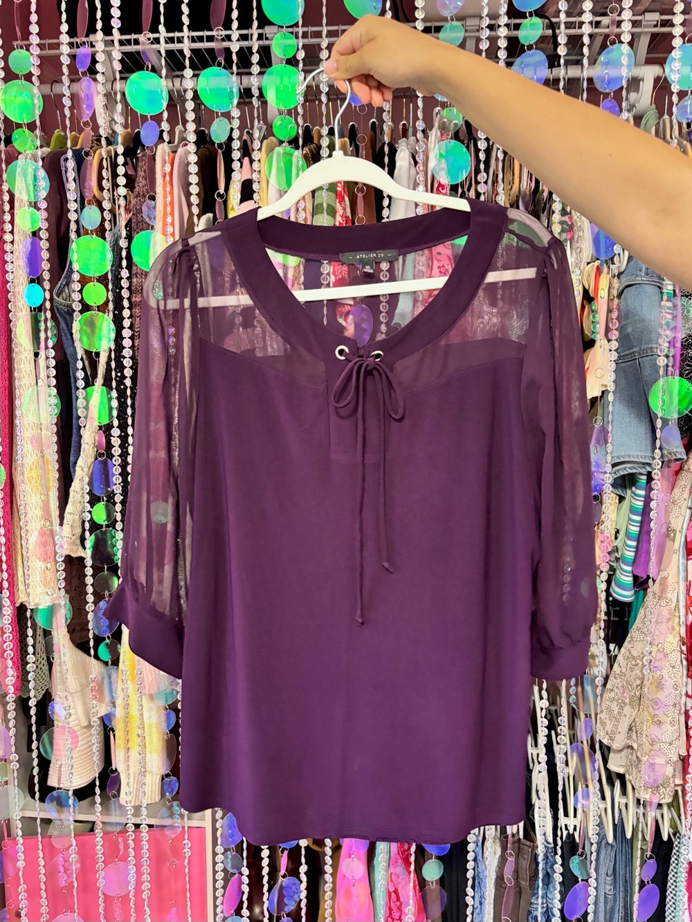 Purple Sheer Sleeve Top With Bow